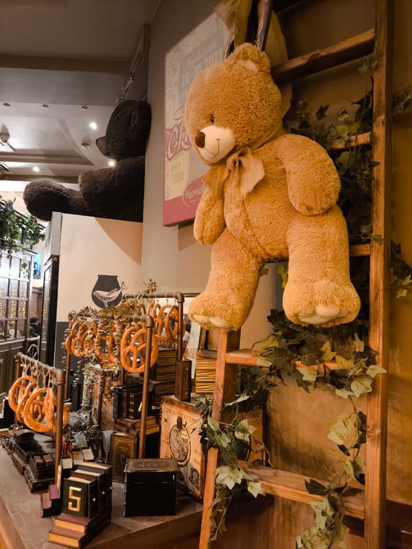 Cozy interior details: vintage trains, a bear display, and backlit glass