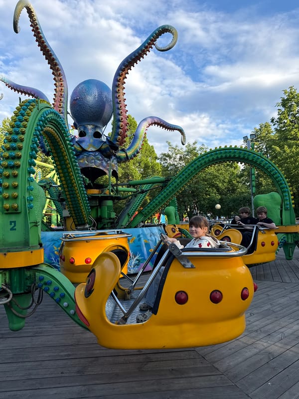 Visitors enjoy octopus ride at Заволжье amusement park