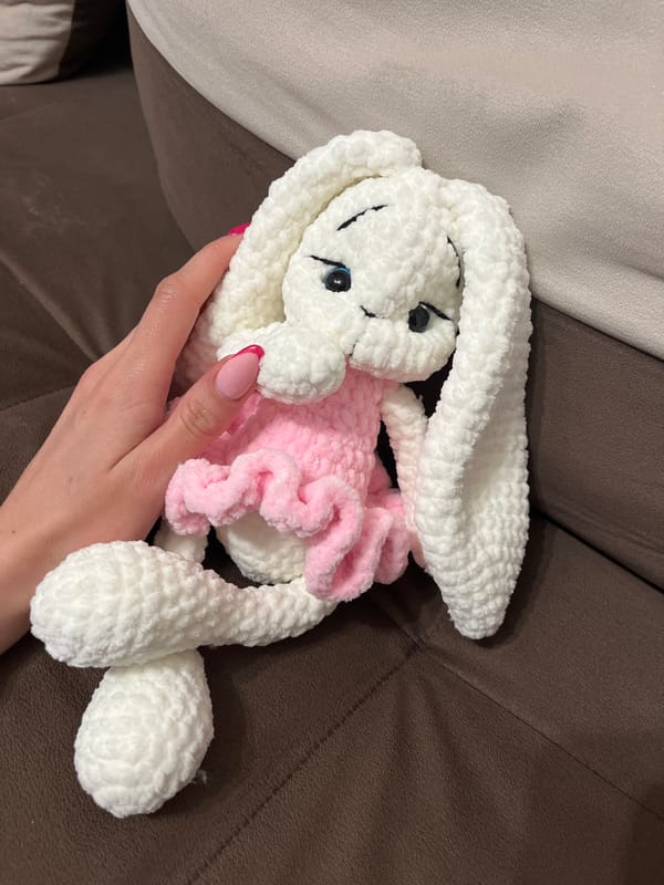 Handmade crocheted bunny documented in Pernik, Bulgaria home
