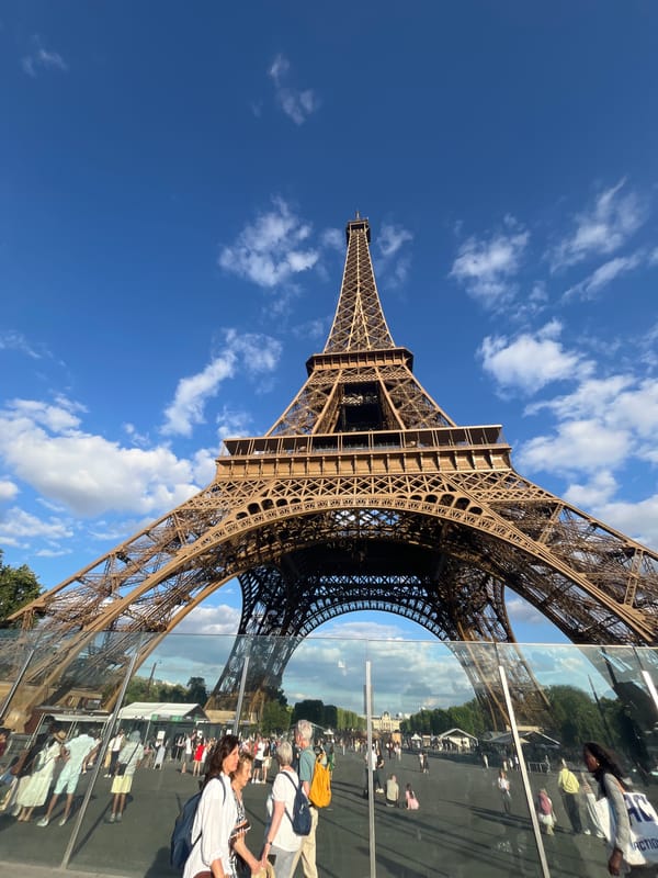 Eiffel Tower from below, clear July afternoon in Paris