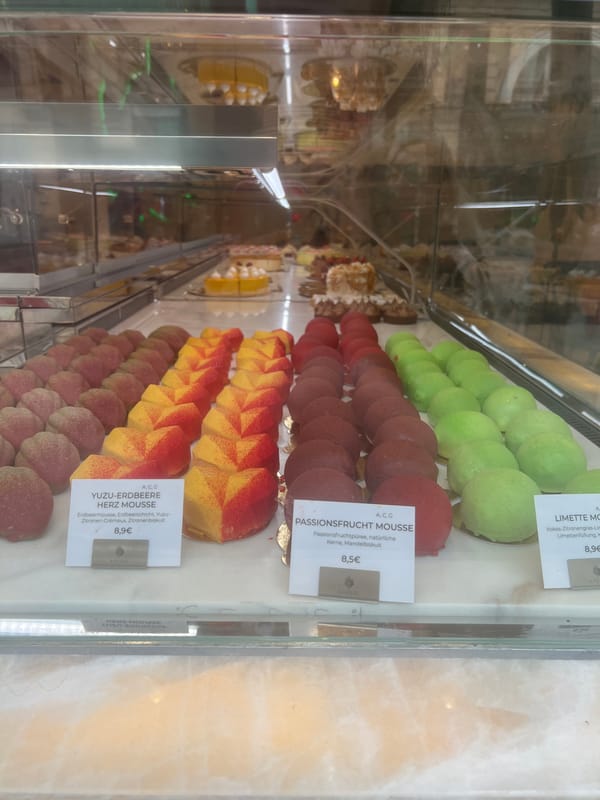 Pastry display case spotted in Vienna featuring European desserts