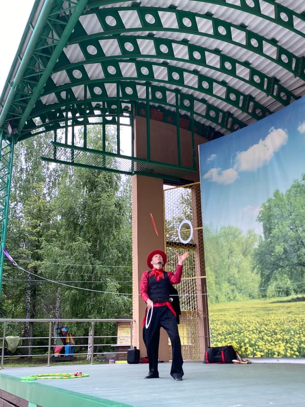 Circus performers entertain a summer crowd in Chaikovsky, Russia