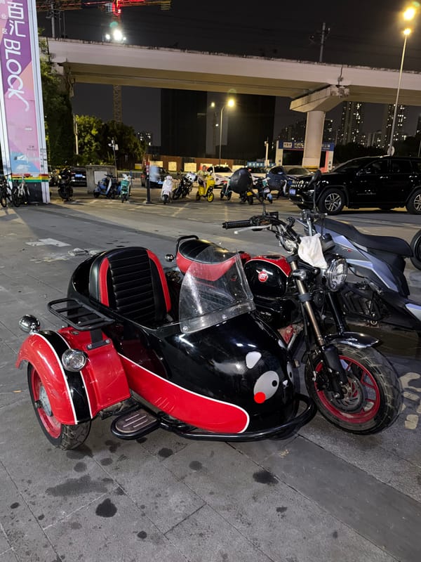 Panda sidecar motorcycle parked on a Chongqing street at night