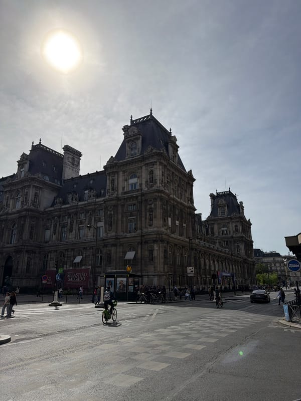 Historic Parisian building photographed under dramatic overcast afternoon sky