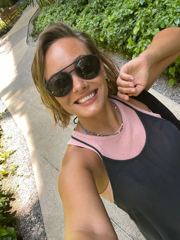 Morning selfies at a lush Choeng Thale garden path