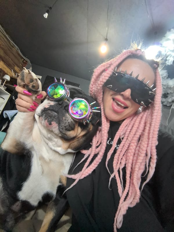 Woman and costumed bulldog pose for selfies in Russia