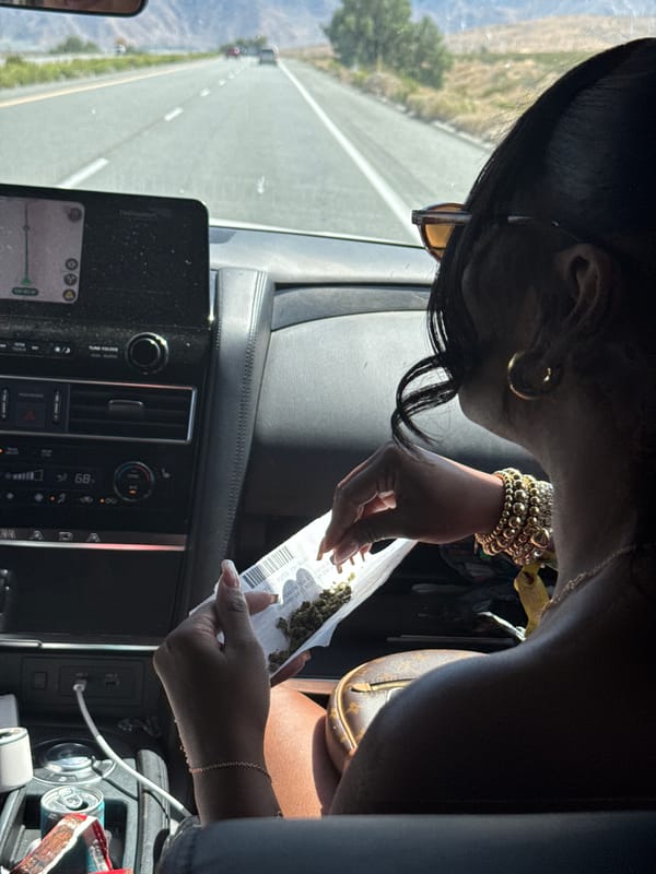 Woman examines bag contents in vehicle on Desert Hot Springs highway