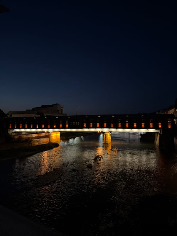 Lovech at night: covered bridge, Varosha quarter, riverside landmarks