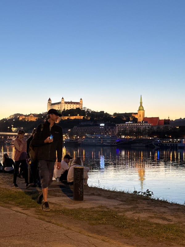 Evening riverside gathering with stage, beer tent in Bratislava