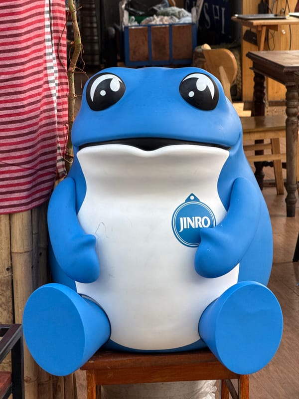 Promotional displays spotted in Bangkok including JINRO frog, tropical mannequin