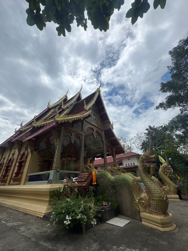 Visitor documents Buddhist temple complex in Ban Sai Kham, Thailand