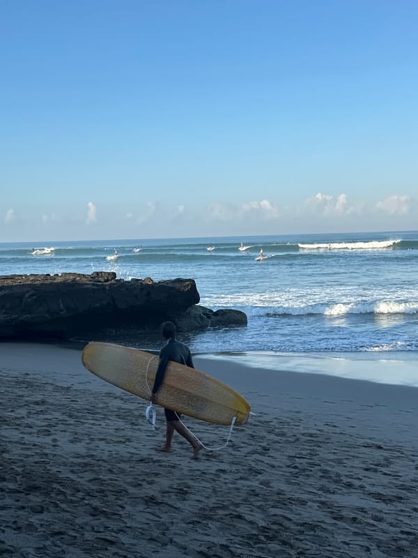 Surfers, shops, and beach life along North Kuta's shoreline