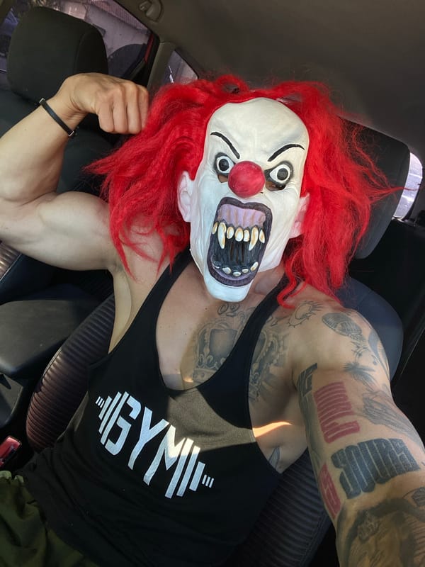 Morning scenes in Pleven: clown mask flexing, gym workout