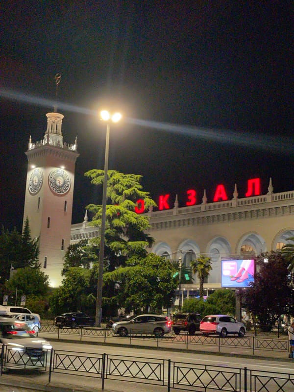 Nighttime scenes around Sochi Railway Station, Russia