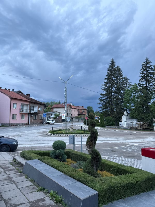 Overcast afternoon documented on Berkovitsa street with landscaped planters