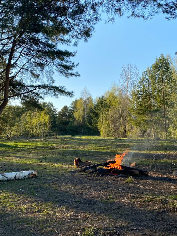Spring day captured near Chaikovsky: controlled burn, river reflections