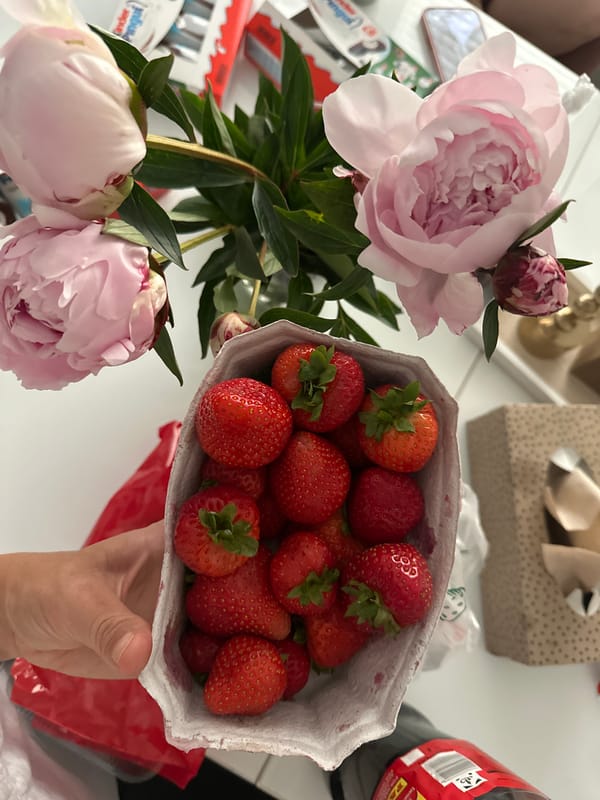 Morning routine with strawberries and peonies documented in Kutenholz