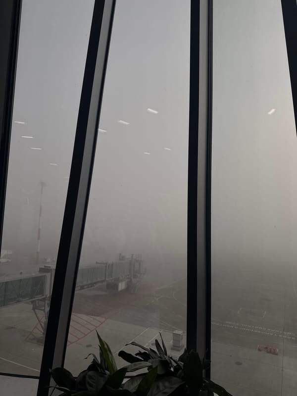 Heavy fog blankets airport terminal in Канглы, Russia