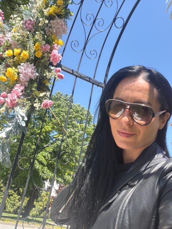 Woman takes selfies at Pleven Panorama monument in Bulgaria