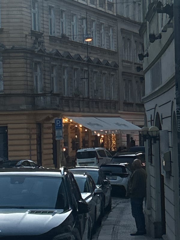 Evening street scenes documented across Prague during 8-minute window