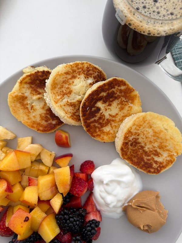 Breakfast pancakes with fruit photographed in Bat Yam