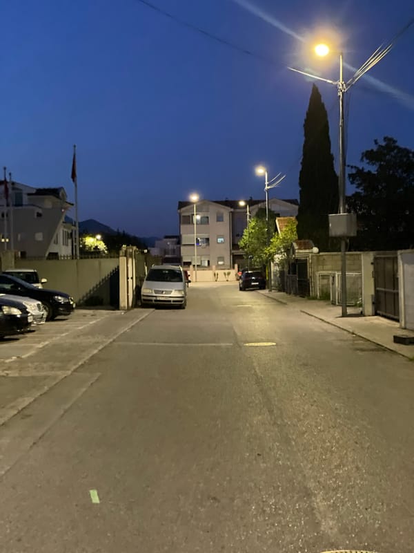 Nighttime street scene documented in Podgorica, Montenegro