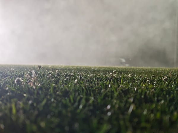 Foggy night soccer on a Tbilisi pitch under floodlights