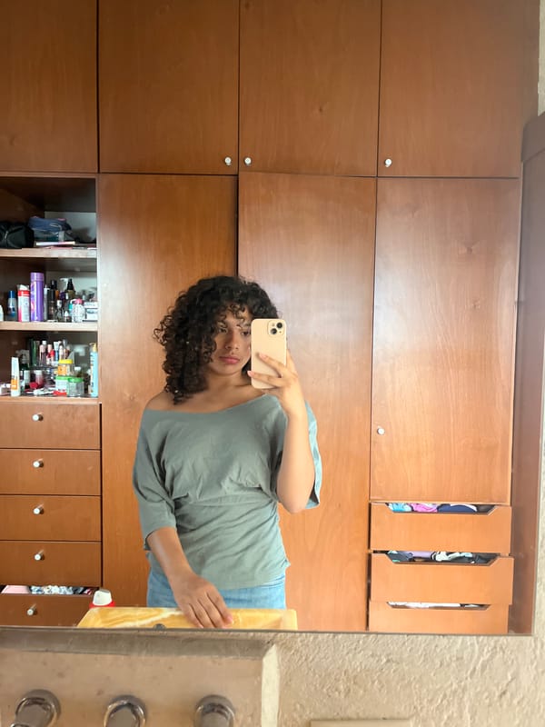 Person takes mirror selfie near open wooden cabinet