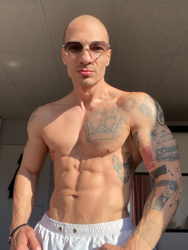 Tattooed man photographed in Pleven, Bulgaria