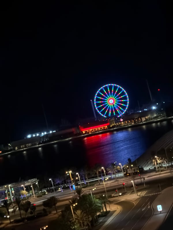 Late-night Ferris wheel and drinks at a city waterfront