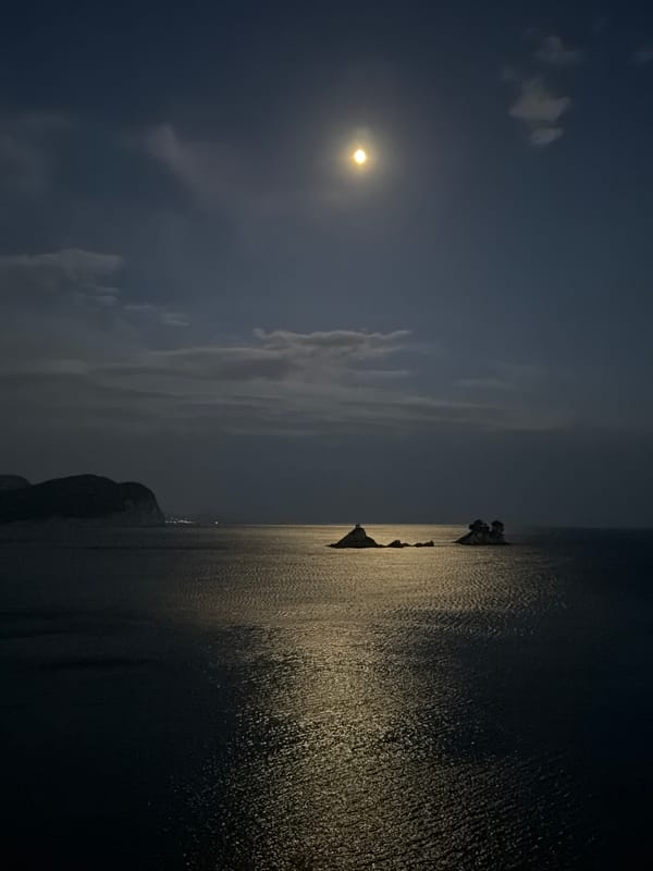 Moonlit coastal scene observed in Petrovac, Montenegro