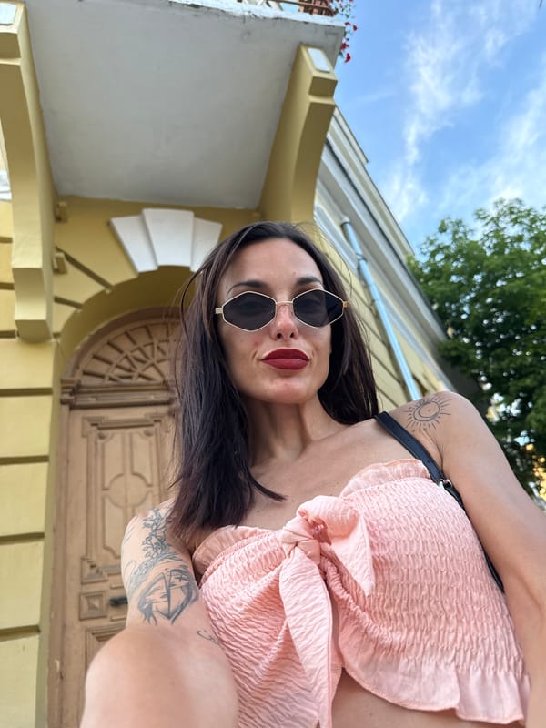 Woman poses for photos in central Pleven, Bulgaria