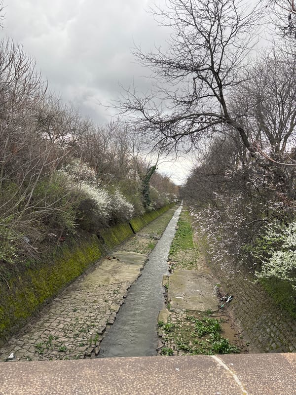 Urban waterway observed from elevated position in Sofia