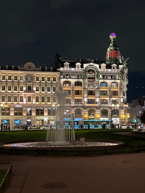 Saint Petersburg landmarks illuminated during evening documentation session