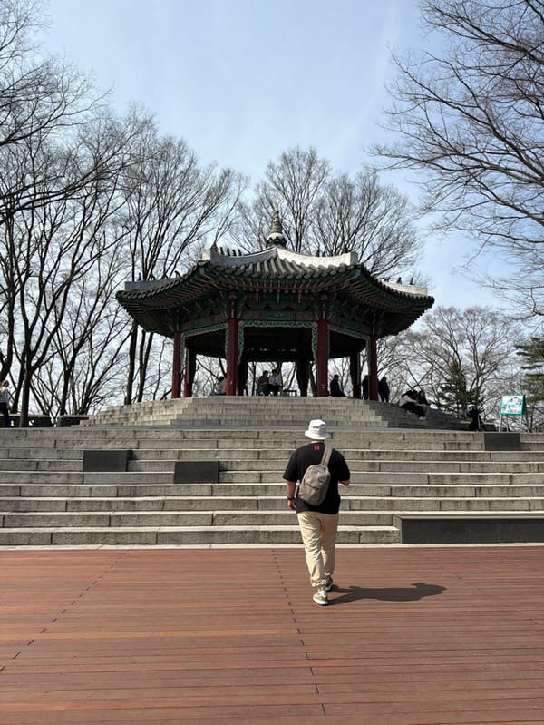 Tourist documents early morning Seoul attractions tour at Namsan Tower