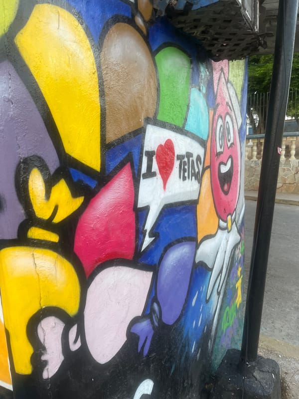 Colorful street art and commercial signage observed in Pampatar
