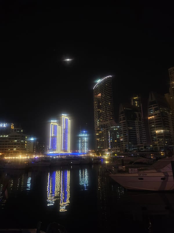 Dubai waterfront skyline photographed during nighttime hours