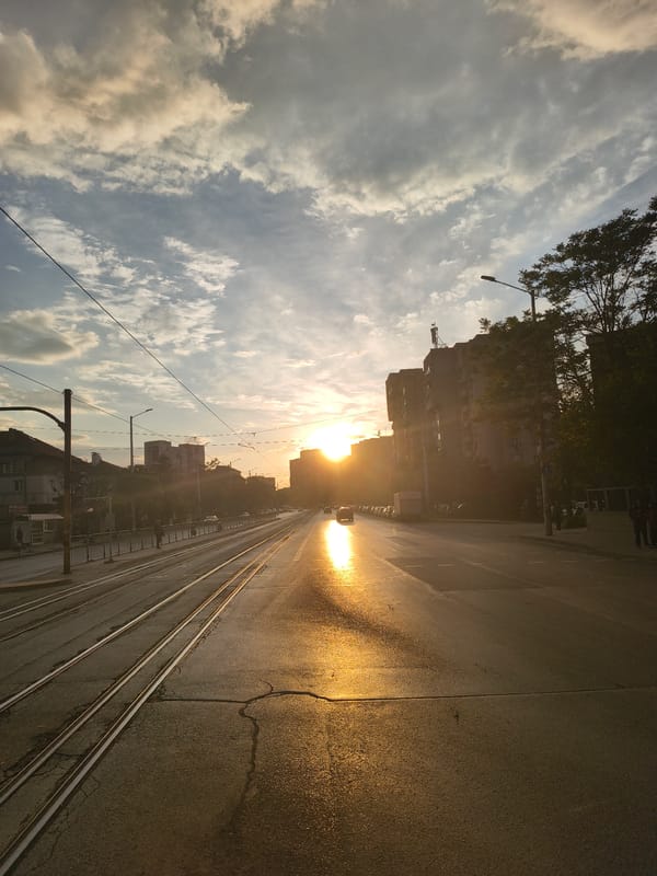 Golden hour street scene photographed near Sofia tram tracks