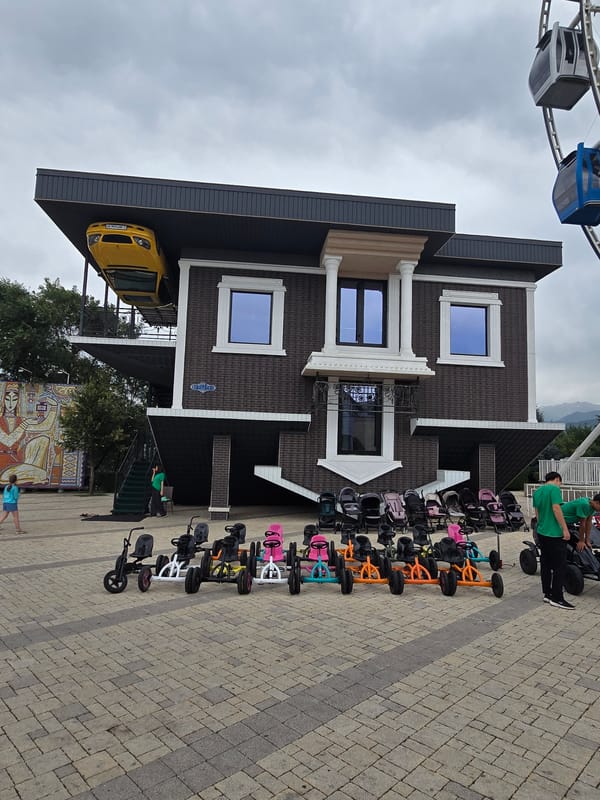 Ferris wheel and upside-down house at Almaty amusement park