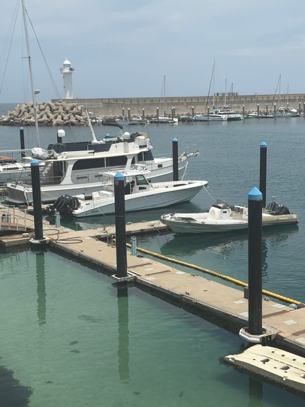 Jeju marina scene: boats, jet skis, and clear harbor water