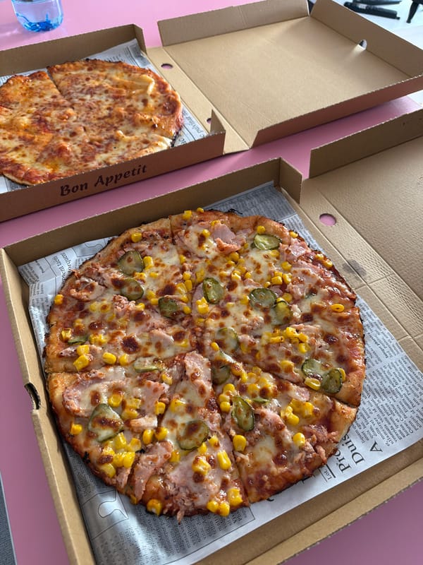 Pizza takeout meal documented in Sofia during afternoon hours