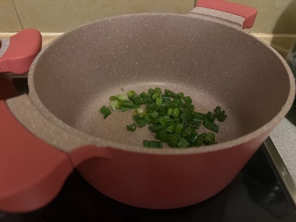 Cooking pot with chopped green onions documented by witness