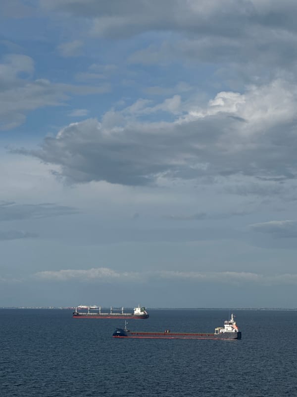 Two large vessels navigate Italian coastal waters under clouds