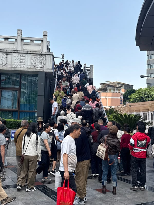 Dense crowd queues in Yuzhong District, wheelchair user assisted