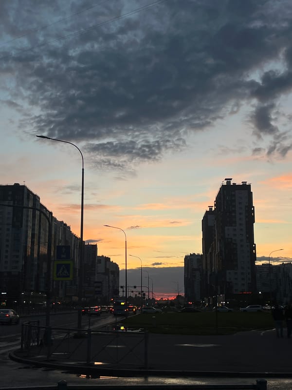 Saint Petersburg streets at dusk, clouds and crosswalks