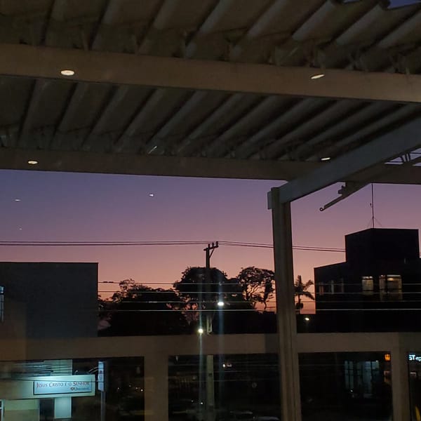 Evening cityscape photographed through metal framework in Curitiba
