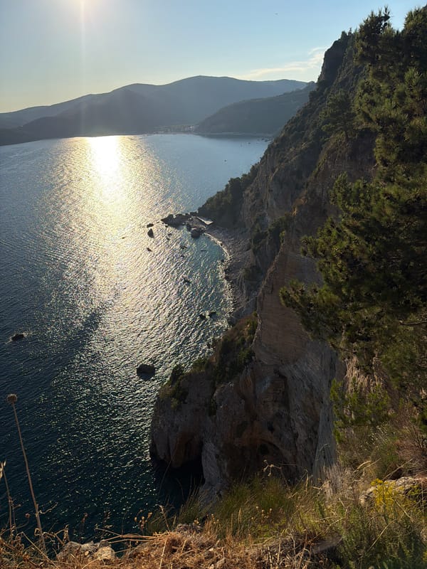Sun-drenched Adriatic coastline seen from above Budva