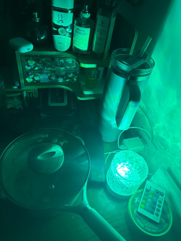 Green-lit storage shelf with beauty products documented in Jiangning