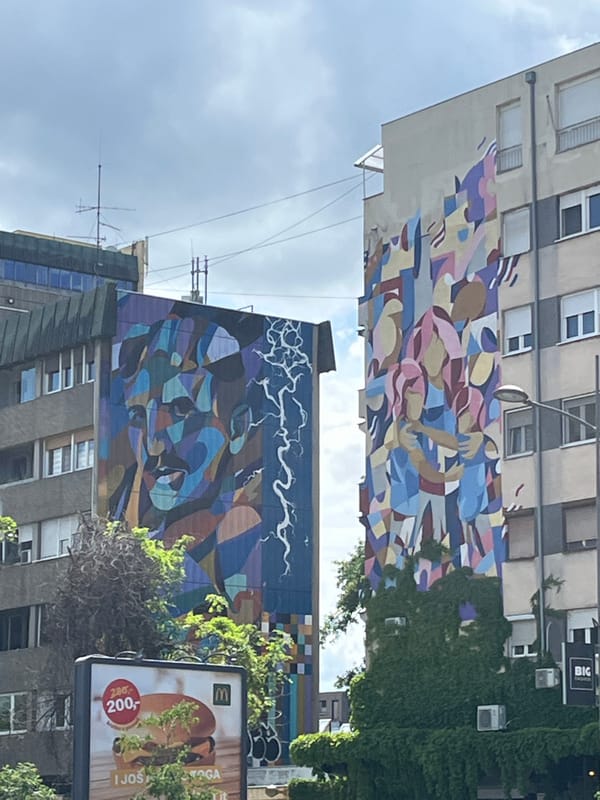 Two people take selfies amid street murals in Novi Sad