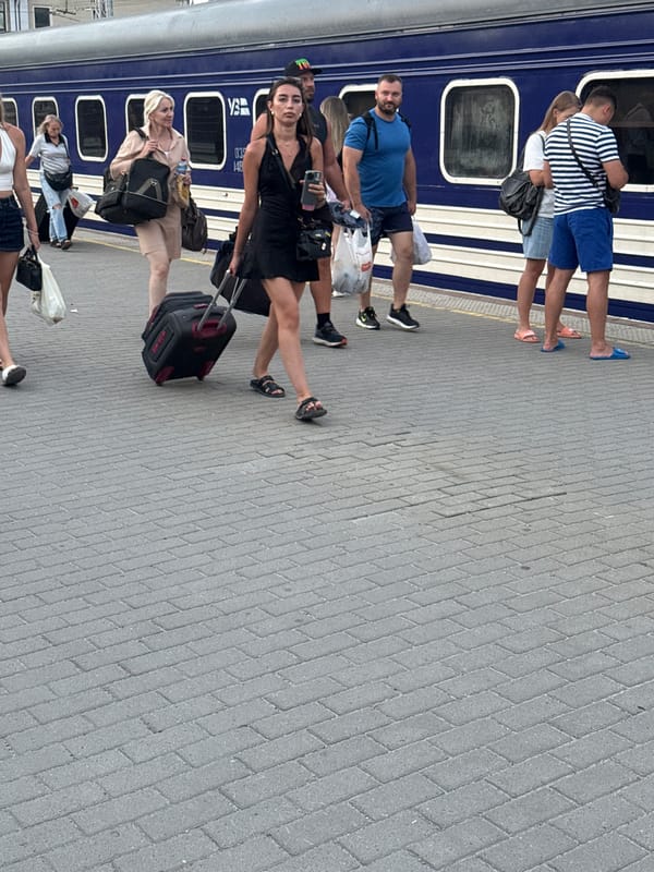 Odesa train station and city plaza, a summer afternoon